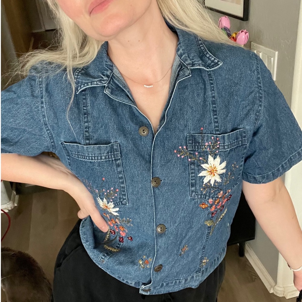 Vintage Floral Embroidered Denim Button Up Shirt Women
